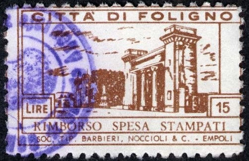 Marca da Bollo del Comune di FOLIGNO su Carta Bianca Sottile di dimensioni 42,5 x 26 mm