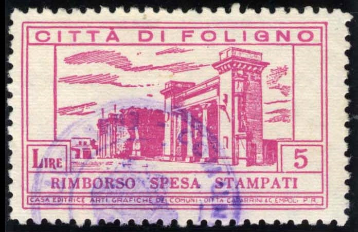 Marca da Bollo del Comune di FOLIGNO su Carta Bianca Sottile di dimensioni 41 x 26 mm