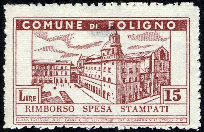 Marca da Bollo del Comune di FOLIGNO su Carta Bianca Sottile di dimensioni 42,5 x 26 mm