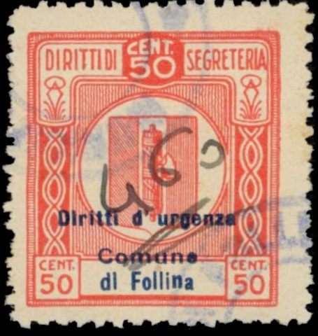 Marca da Bollo del Comune di FOLLINA su Carta Bianca di dimensioni 23,5 x 26 mm