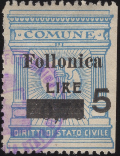 Marca da Bollo del Comune di FOLLONICA su Carta Bianca Sottile di dimensioni 25 x 32 mm