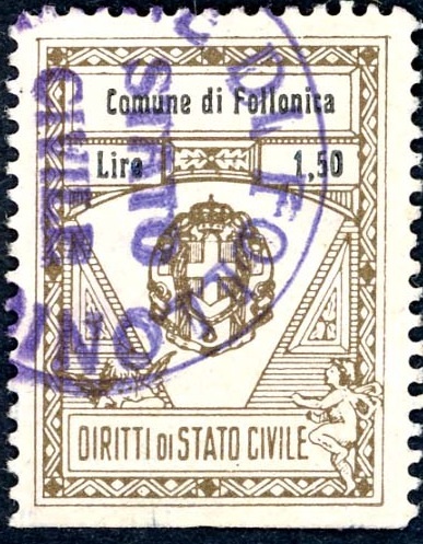 Marca da Bollo del Comune di FOLLONICA su Carta Bianca di dimensioni 22 x 30 mm