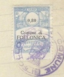 Marca da Bollo del Comune di FOLLONICA su Carta Bianca di dimensioni 23 X 30 mm