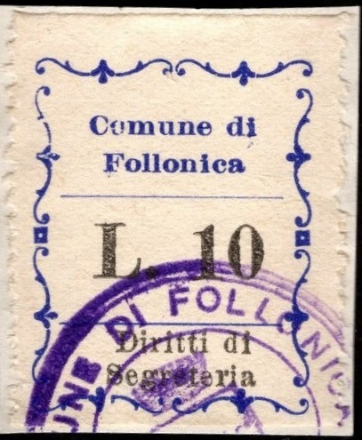 Marca da Bollo del Comune di FOLLONICA su Carta Colorata di dimensioni 22 x 28 mm