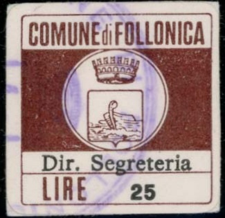 Marca da Bollo del Comune di FOLLONICA su Carta Bianca di dimensioni 19,5 x 19,5 mm
