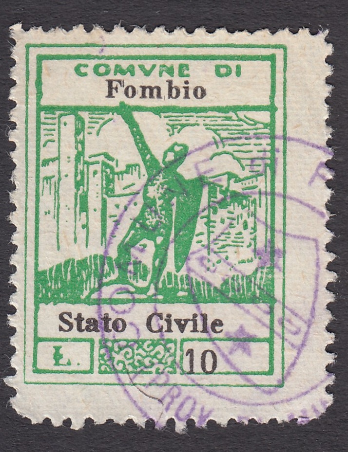 Marca da Bollo del Comune di FOMBIO su Carta Bianca Sottile di dimensioni 22,5 x 29,5 mm