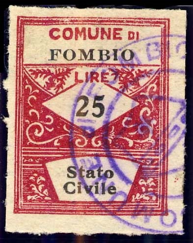 Marca da Bollo del Comune di FOMBIO su Carta Bianca di dimensioni 22 x 29 mm