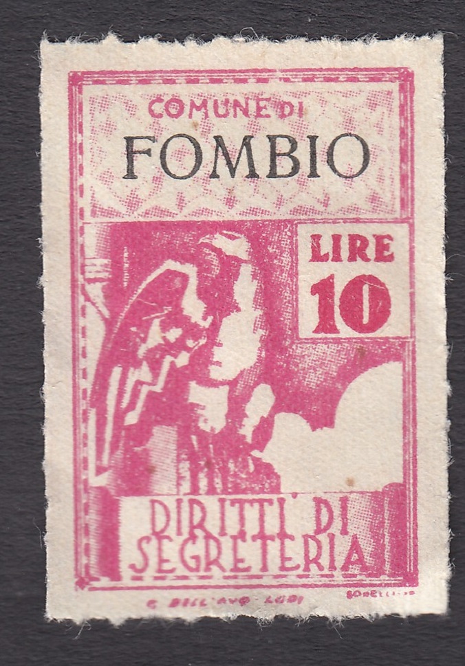 Marca da Bollo del Comune di FOMBIO su Carta Bianca di dimensioni 21 x 31,5 mm