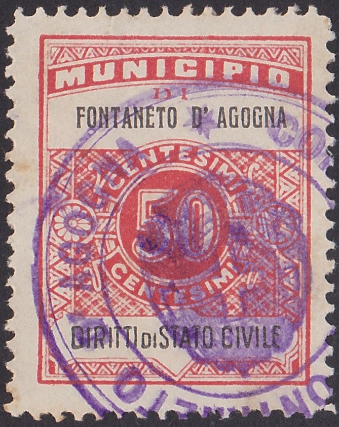 Marca da Bollo del Comune di FONTANETO D´AGOGNA su Carta Bianca Sottile di dimensioni 22,5 x 29 mm
