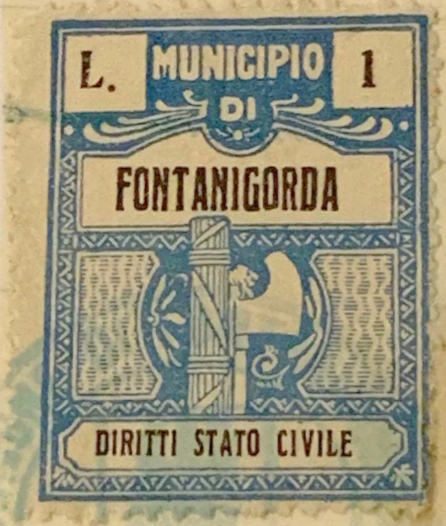 Marca da Bollo del Comune di FONTANIGORDA su Carta Bianca Sottile di dimensioni 24 x 35 mm