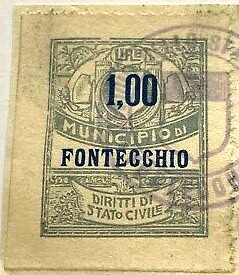 Marca da Bollo del Comune di FONTECCHIO su Carta Bianca Sottile di dimensioni 23 x 29 mm
