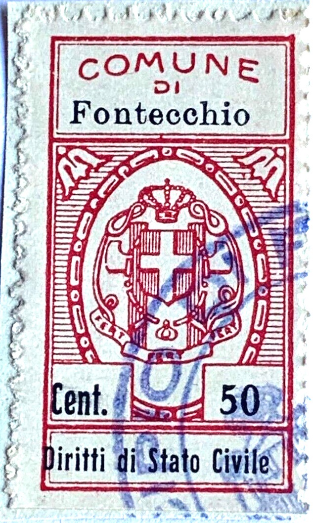 Marca da Bollo del Comune di FONTECCHIO su Carta Bianca Sottile di dimensioni 22 X 337 mm
