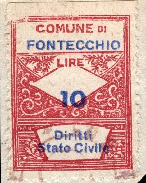 Marca da Bollo del Comune di FONTECCHIO su Carta Bianca Sottile di dimensioni 23 x 29 mm