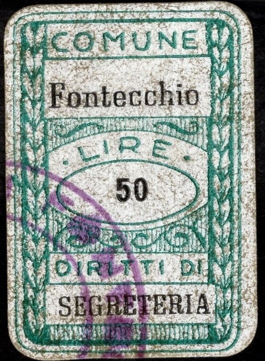 Marca da Bollo del Comune di FONTECCHIO su Carta Bianca Sottile di dimensioni 14 x 24 mm