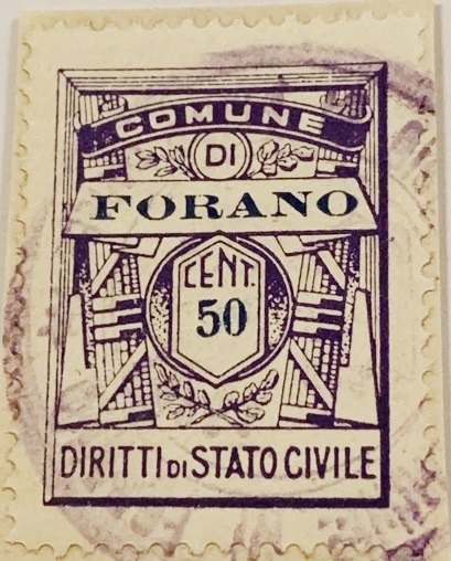 Marca da Bollo del Comune di FORANO su Carta Bianca Sottile di dimensioni 22 x 28 mm