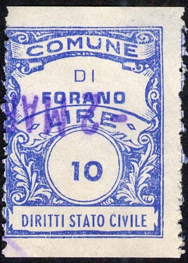 Marca da Bollo del Comune di FORANO su Carta Bianca di dimensioni 22 x 29 mm