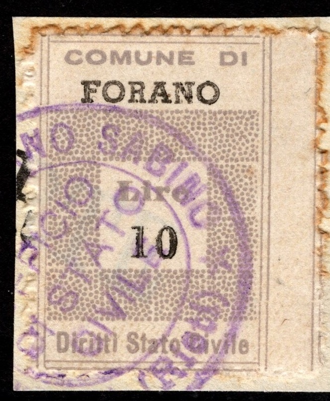 Marca da Bollo del Comune di FORANO su Carta Bianca di dimensioni 22 x 29 mm