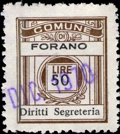 Marca da Bollo del Comune di FORANO su Carta Arancione di dimensioni 21 x 24,5 mm
