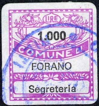 Marca da Bollo del Comune di FORANO su Carta Bianca di dimensioni 19 x 21 mm