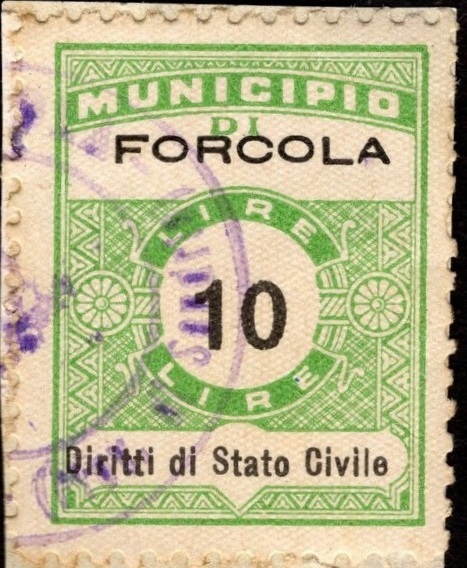 Marca da Bollo del Comune di FORCOLA su Carta Bianca di dimensioni 22,5 x 29 mm