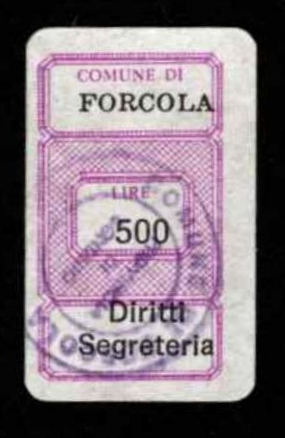 Marca da Bollo del Comune di FORCOLA su Carta Bianca di dimensioni 19 x 29 mm