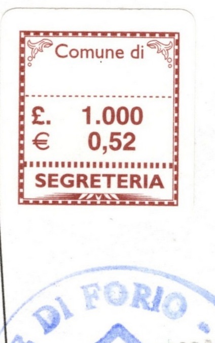 Marca da Bollo del Comune di FORIO su Carta Bianca di dimensioni 20 x 20 mm