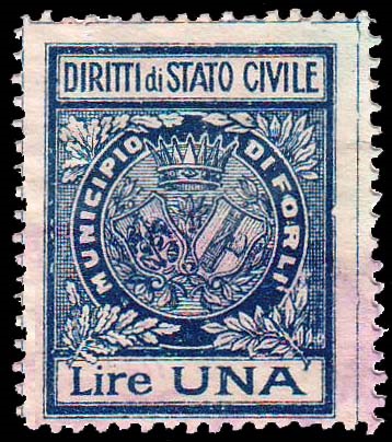 Marca da Bollo del Comune di FORLI su Carta Bianca di dimensioni 22 x 27,5 mm