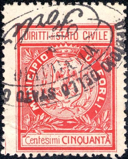 Marca da Bollo del Comune di FORLI su Carta Bianca di dimensioni 22 x 28 mm