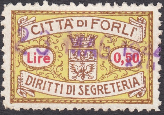Marca da Bollo del Comune di FORLI su Carta Bianca Sottile di dimensioni 29 x 19 mm