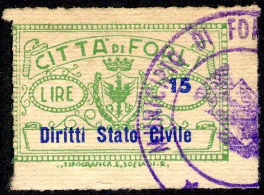 Marca da Bollo del Comune di FORLI su Carta Bianca di dimensioni 29 x 24 mm