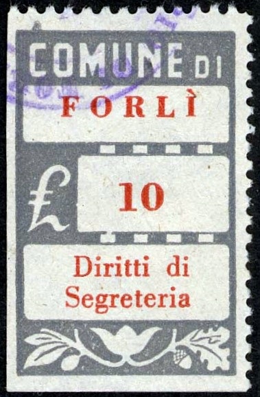 Marca da Bollo del Comune di FORLI su Carta Bianca Sottile di dimensioni 21 x 34 mm