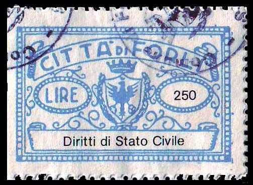 Marca da Bollo del Comune di FORLI su Carta Bianca di dimensioni 36 x 23 mm