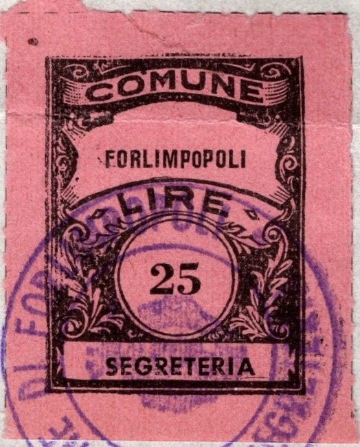 Marca da Bollo del Comune di FORLIMPOPOLI su Carta Colorata di dimensioni 23 x 29,5 mm
