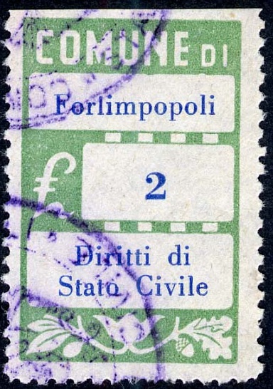 Marca da Bollo del Comune di FORLIMPOPOLI su Carta Bianca Sottile di dimensioni 20 x 27,5 mm
