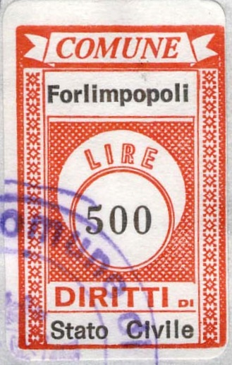 Marca da Bollo del Comune di FORLIMPOPOLI su Carta Bianca di dimensioni 20 x 31 mm