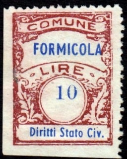 Marca da Bollo del Comune di FORMICOLA su Carta Bianca Sottile di dimensioni 22 x 28 mm