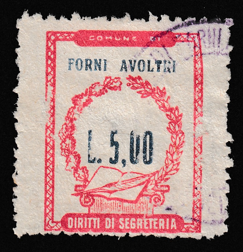 Marca da Bollo del Comune di FORNI AVOLTRI su Carta Bianca Sottile di dimensioni 20,5 x 26,5 mm