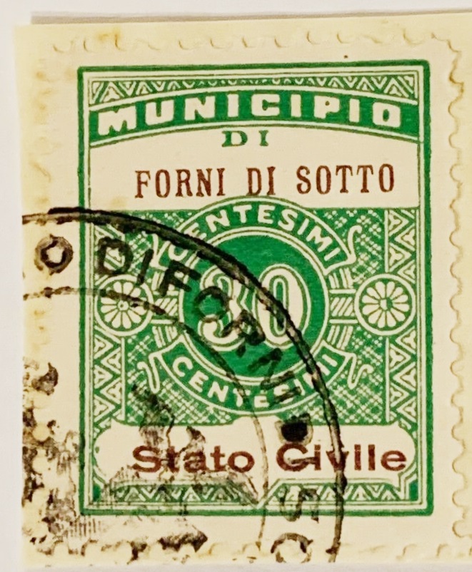 Marca da Bollo del Comune di FORNI DI SOTTO su Carta Bianca di dimensioni 21 x 29 mm