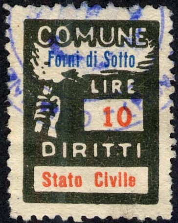 Marca da Bollo del Comune di FORNI DI SOTTO su Carta Bianca Sottile di dimensioni 18,5 x 16 mm