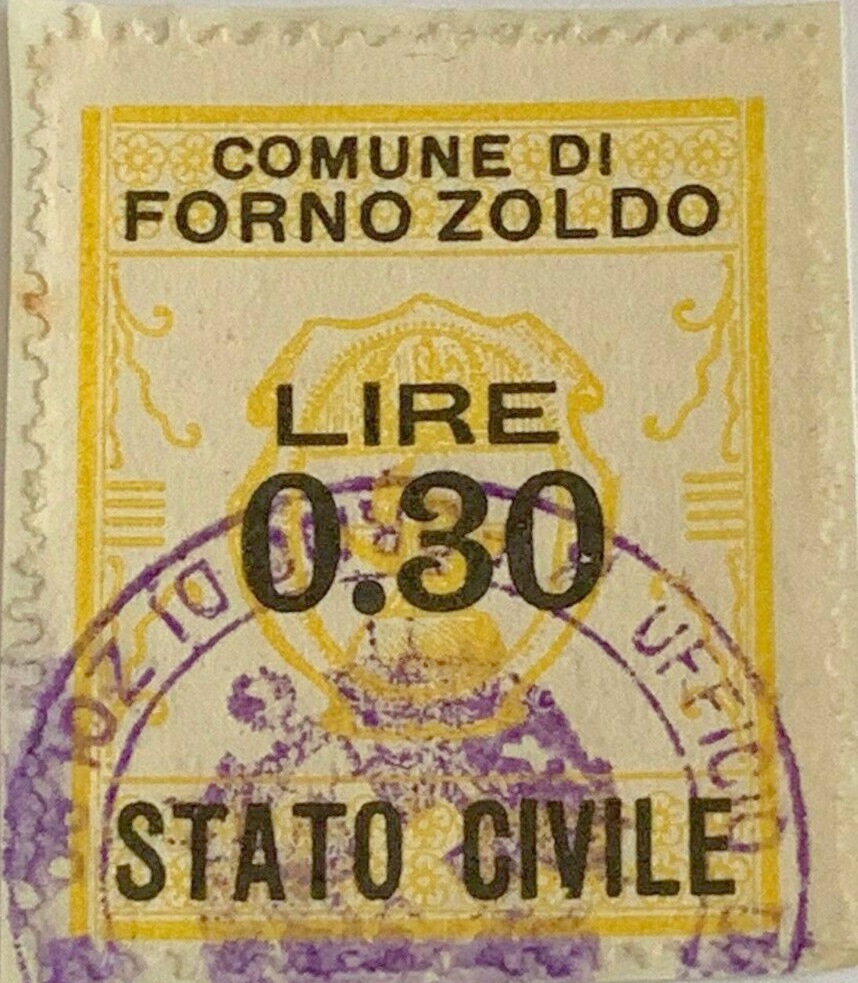 Marca da Bollo del Comune di FORNO DI ZOLDO su Carta Bianca Sottile di dimensioni 23 x 29,5 mm
