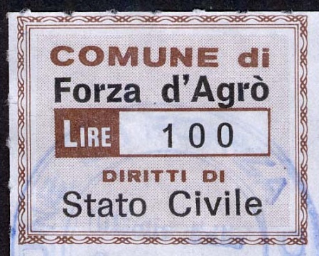 Marca da Bollo del Comune di FORZA D´AGRO su Carta Bianca di dimensioni 28,5 x 22,5 mm