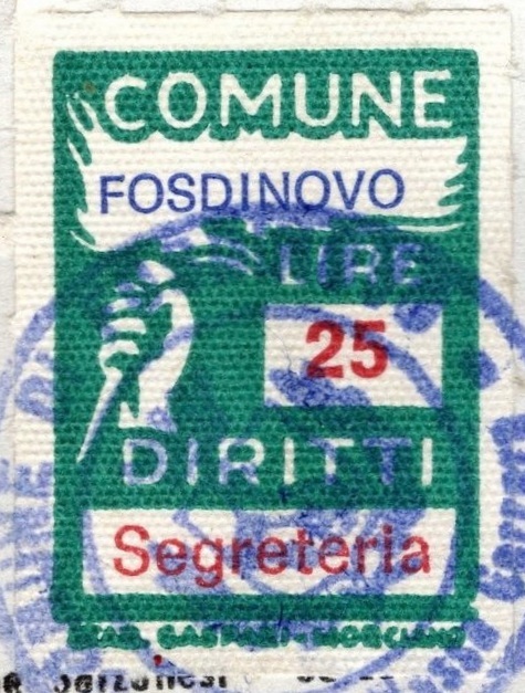 Marca da Bollo del Comune di FOSDINOVO su Carta Bianca Sottile di dimensioni 18 X 25,5 mm