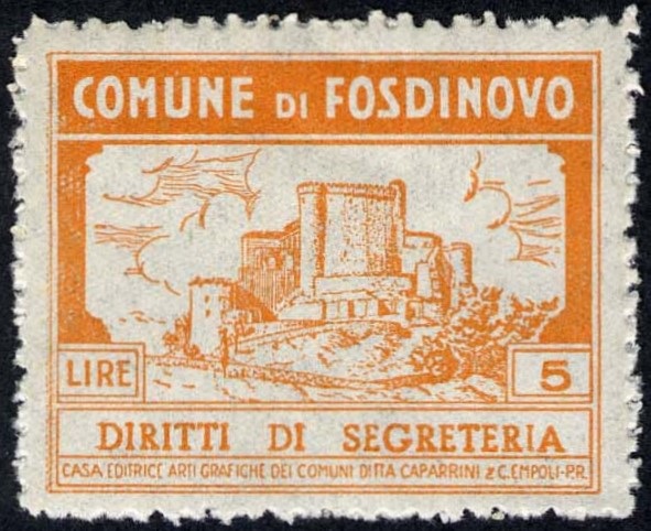 Marca da Bollo del Comune di FOSDINOVO su Carta Bianca di dimensioni 35 x 28 mm