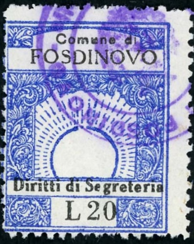 Marca da Bollo del Comune di FOSDINOVO su Carta Bianca di dimensioni 23,5 x 29,5 mm