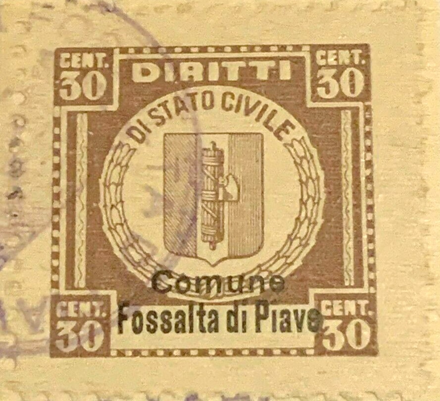 Marca da Bollo del Comune di FOSSALTA DI PIAVE su Carta Bianca di dimensioni 24 x 28 mm
