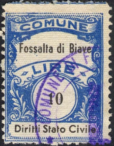 Marca da Bollo del Comune di FOSSALTA DI PIAVE su Carta Bianca di dimensioni 22 x 29 mm