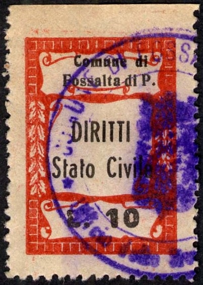 Marca da Bollo del Comune di FOSSALTA DI PIAVE su Carta Bianca di dimensioni 20 x 29,5 mm