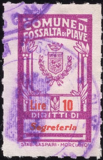 Marca da Bollo del Comune di FOSSALTA DI PIAVE su Carta Bianca di dimensioni 18,5 x 30 mm