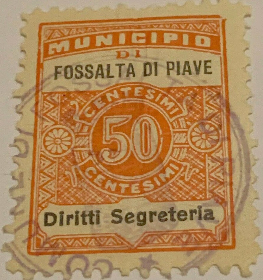Marca da Bollo del Comune di FOSSALTA DI PIAVE su Carta Bianca di dimensioni 22,5 x 29 mm