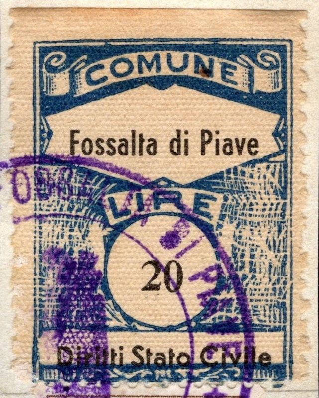 Marca da Bollo del Comune di FOSSALTA DI PIAVE su Carta Bianca di dimensioni 22,5 x 29 mm